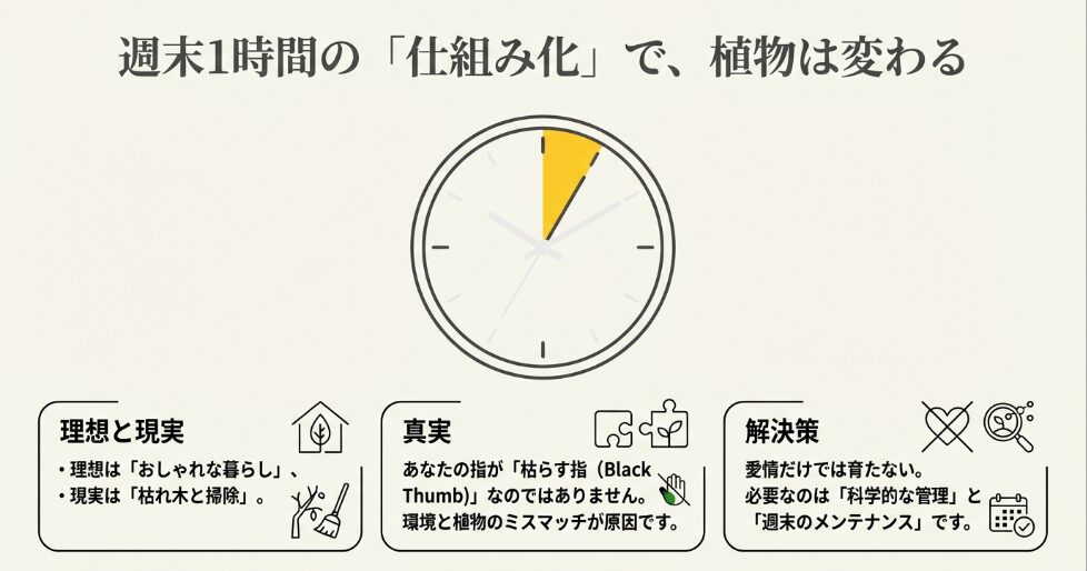 週末1時間のメンテナンスで植物を枯らさない仕組み化を解説する時計のイラスト