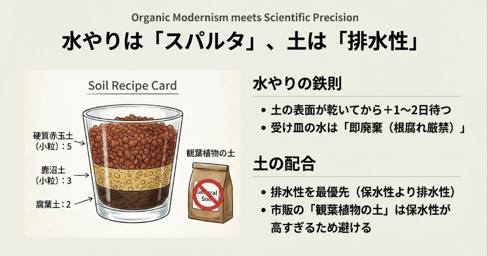 硬質赤玉土、鹿沼土、腐葉土を5対3対2で配合する水はけ重視の土のレシピカード