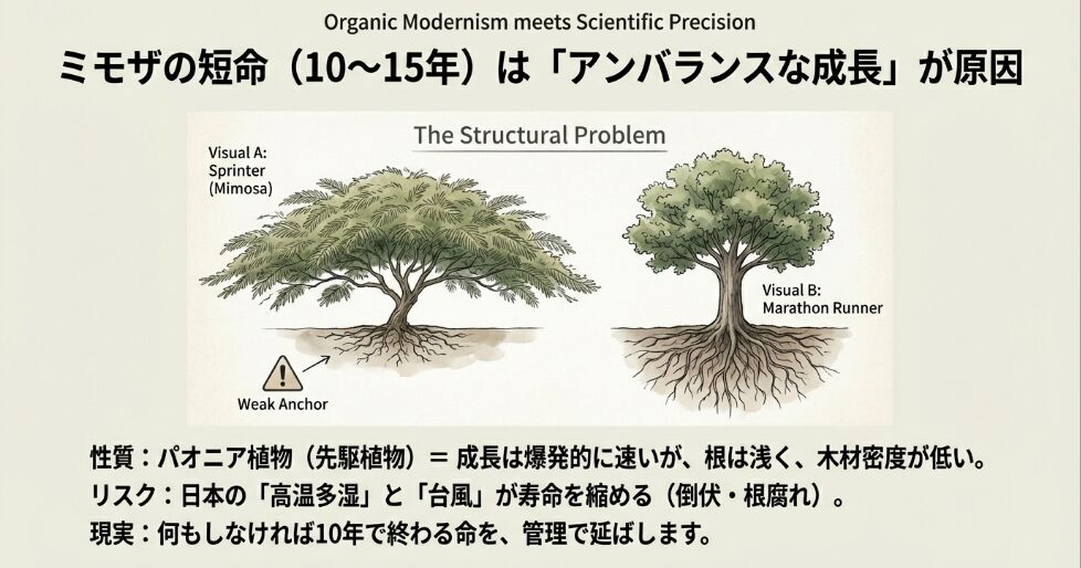 ミモザが爆発的に成長する反面、根が浅く倒伏しやすい構造的な問題を説明する比較図