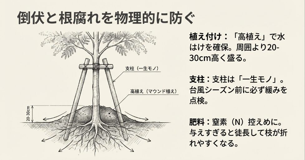 ミモザの倒伏と根腐れを防ぐための高植え（マウンド植え）と一生モノの支柱の図解