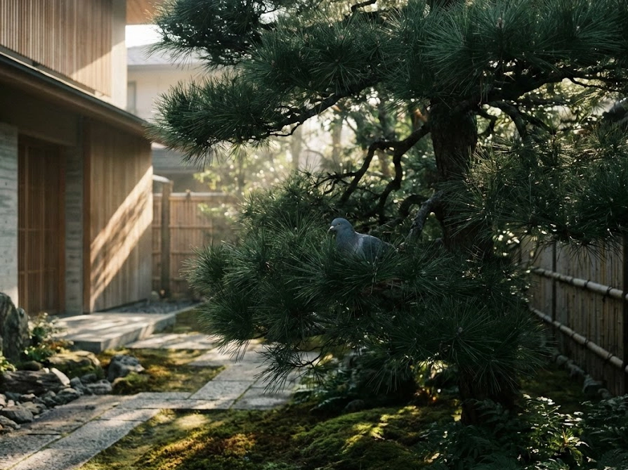 日本の美しい庭に植えられた常緑樹の茂みに隠れる鳩