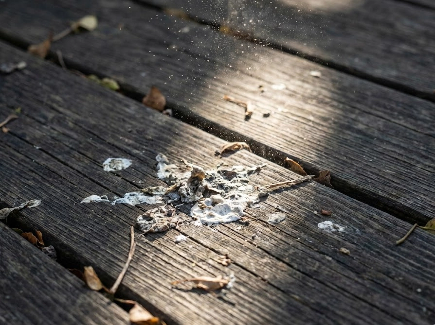 ウッドデッキに落ちた鳩の糞と日光に照らされて舞い上がる粉塵
