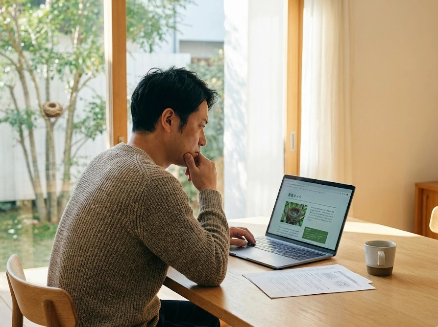 庭の鳩の巣対策についてパソコンで自治体のルールを調べる30代の日本人男性