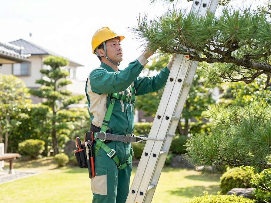 安全装備を身につけて高所の庭木を調査・作業するプロの害鳥駆除業者
