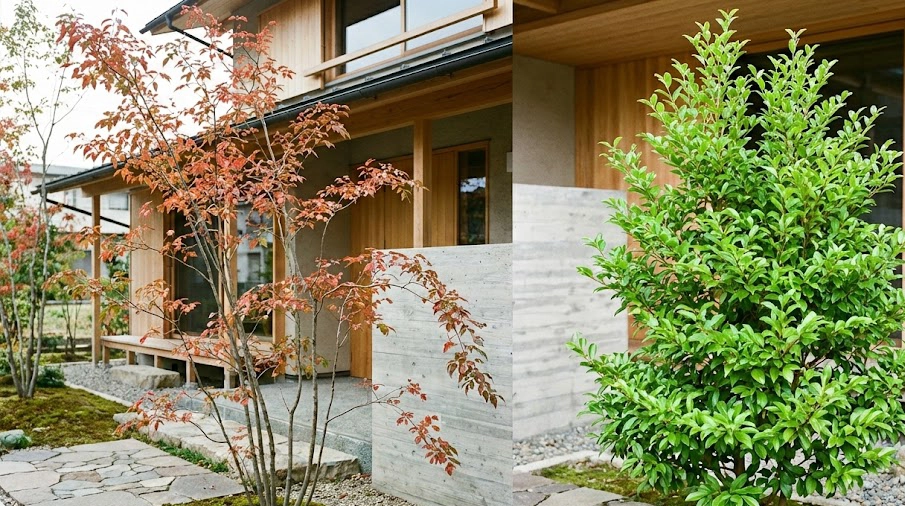 紅葉したアオダモと常緑のシマトネリコの比較写真。日本のモダンな庭に並んで植えられている様子。