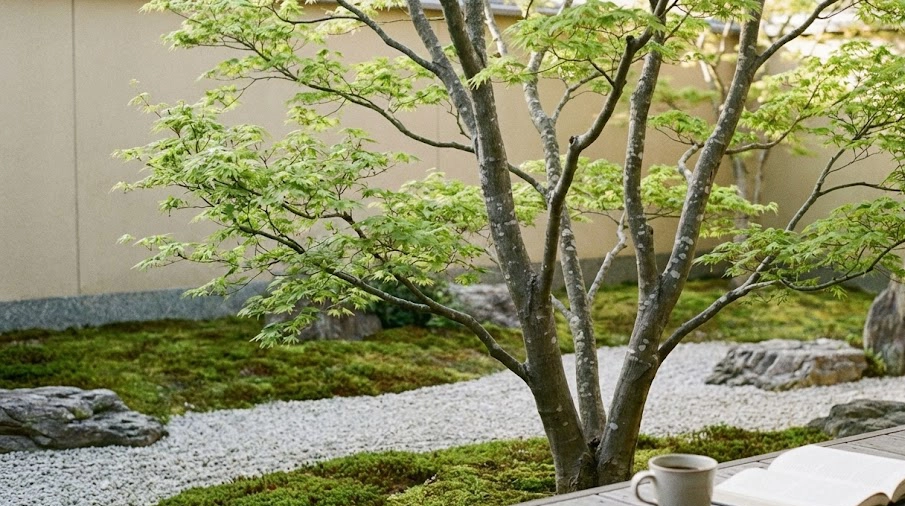 春の庭で美しい株立ちのアオダモを眺めるリラックスした風景。手入れが行き届いた穏やかな日本の庭。