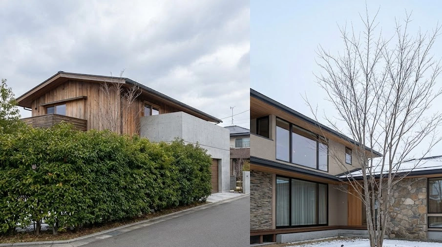 左はシマトネリコの生垣で目隠しされた家、右はアオダモの冬の枝ぶりを楽しむ家の比較写真。