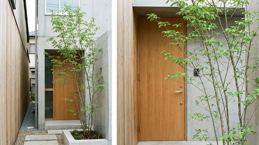 狭い玄関アプローチの角にスマートに植えられたアオダモの木。圧迫感のない都市型住宅の植栽例。