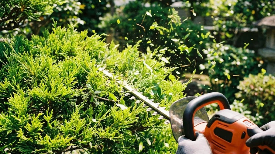 スマホで撮影された電動ヘッジトリマーを使ってシマトネリコを剪定する手元の様子。週末の庭作業の風景。