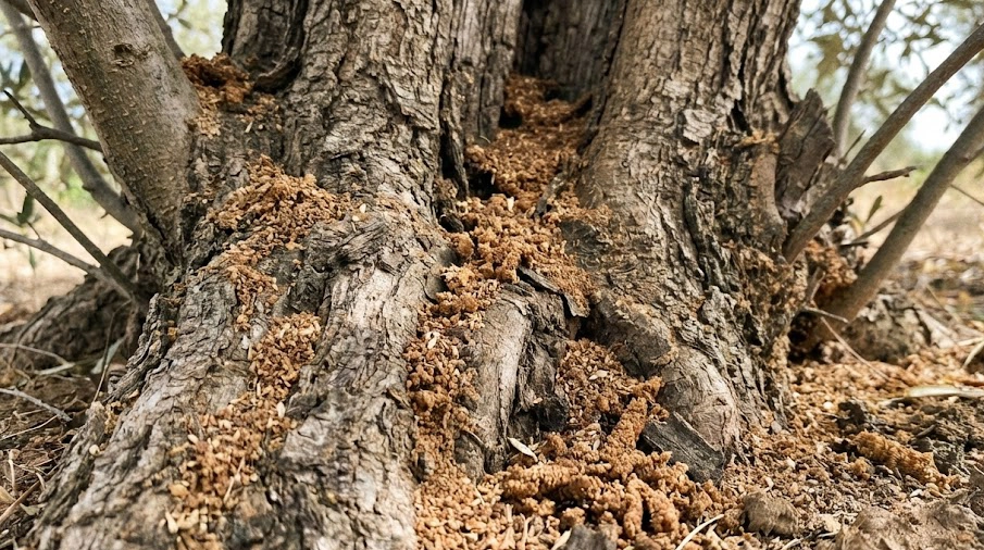 オリーブの木の根元に落ちているオリーブアナアキゾウムシの被害跡(おがくず状の粉)