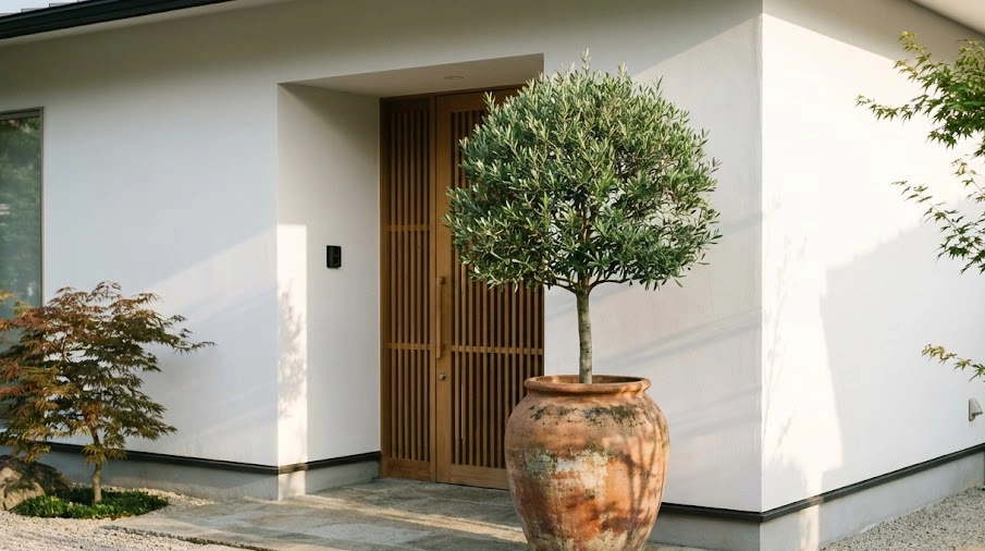 モダンな住宅の玄関先に置かれたおしゃれな鉢植えのオリーブ