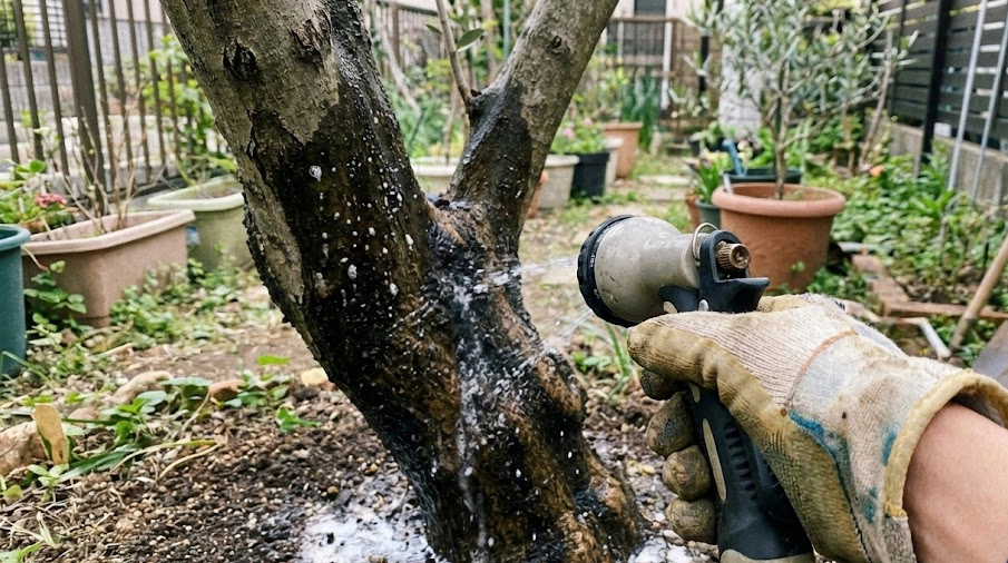 オリーブの幹の根元に薬剤を散布して害虫予防をしている様子