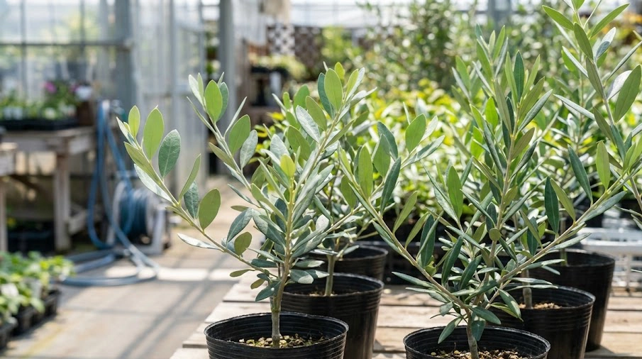 園芸店に並ぶ様々な品種のオリーブの苗木