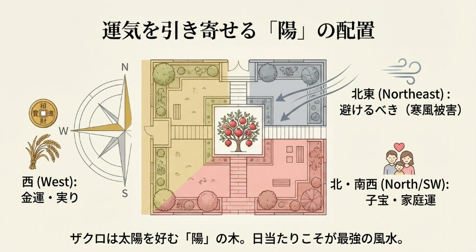 風水に基づいたザクロの植栽方位。金運の西、子宝の北・南西、寒風被害を避けるべき北東を示した配置ガイド図