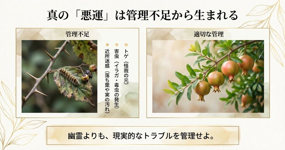 ザクロの管理不足によるトゲの怪我、毒虫イラガの発生、落ち葉による近所迷惑など、現実的なトラブルと適切な管理を比較した画像