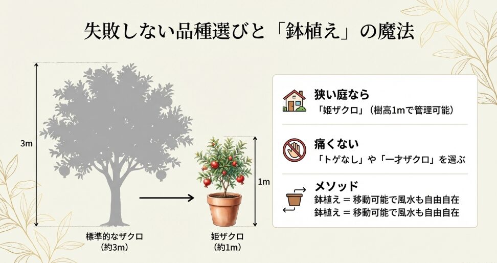 樹高3mの標準的なザクロと1mの姫ザクロの比較。移動可能で風水も自由自在な鉢植え栽培のメリットを解説する資料