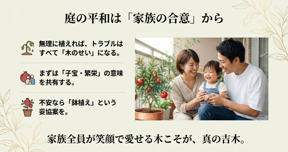 庭の平和を守るために家族全員でザクロのポジティブな意味を共有し、不安な場合は鉢植えを妥協案にする幸せな家族のイメージ