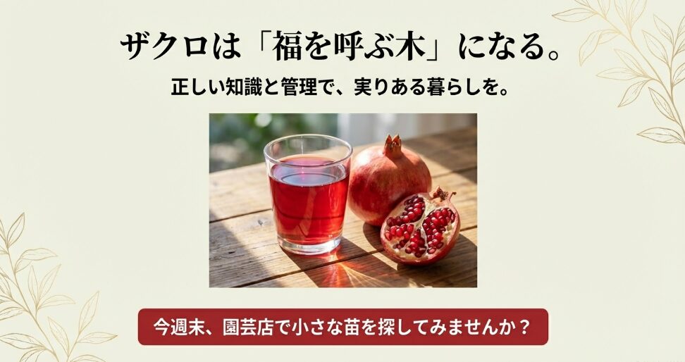 ザクロジュースと割れた実の画像。正しい知識と管理でザクロを福を呼ぶ木に変え、実りある暮らしを始めるための結論スライド