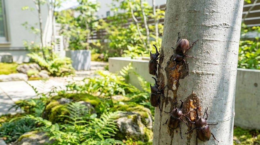 夏の住宅街の庭でシマトネリコの幹に集まる複数のカブトムシと樹液の様子