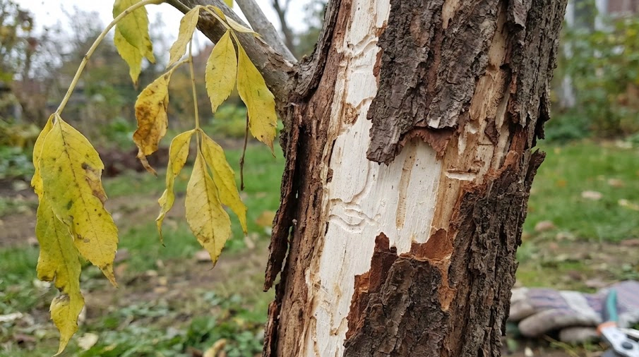 カブトムシによって樹皮が剥がされダメージを受けたシマトネリコの幹の接写