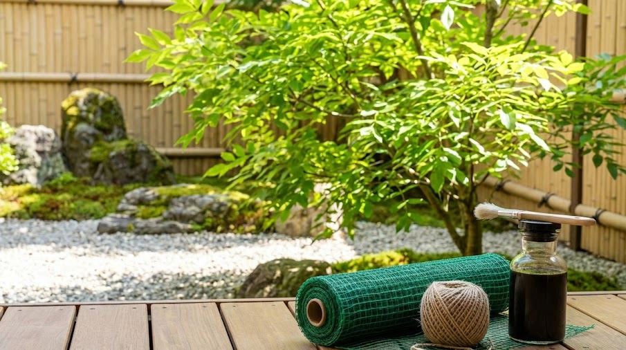 シマトネリコの対策に使用する園芸用ネットと麻紐、癒合剤などのガーデニング用品