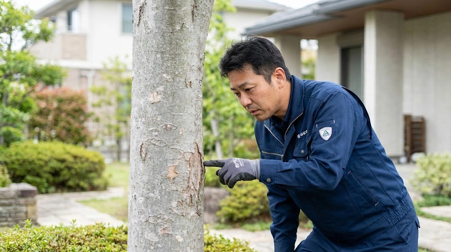 庭のシマトネリコの健康状態を診断するプロの造園業者の様子