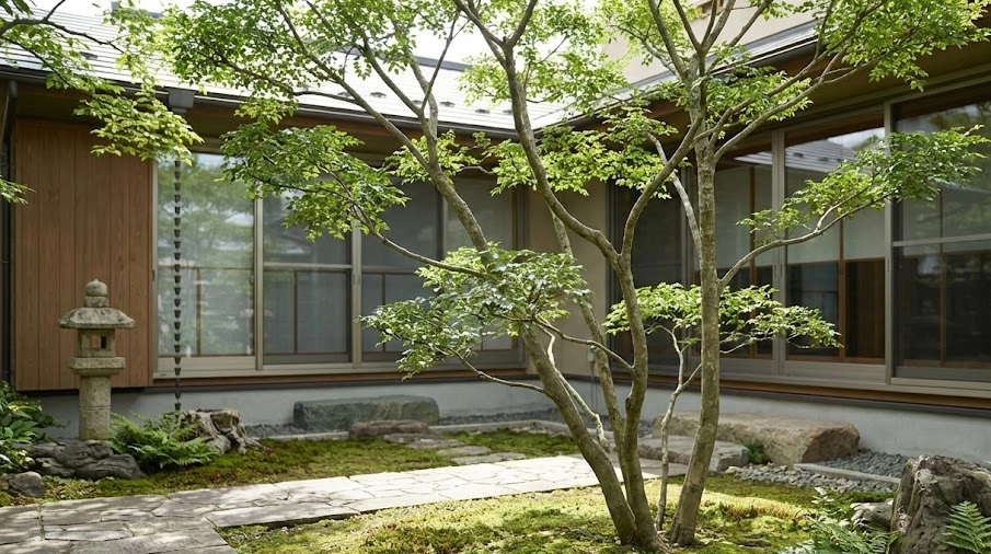 適切に剪定され、涼しげな木漏れ日を作る美しいシマトネリコがある日本の小さな庭