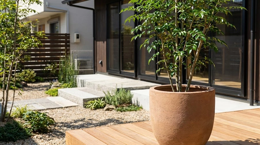 ウッドデッキの上に置かれた、おしゃれな大型テラコッタ鉢に植えられたシマトネリコ