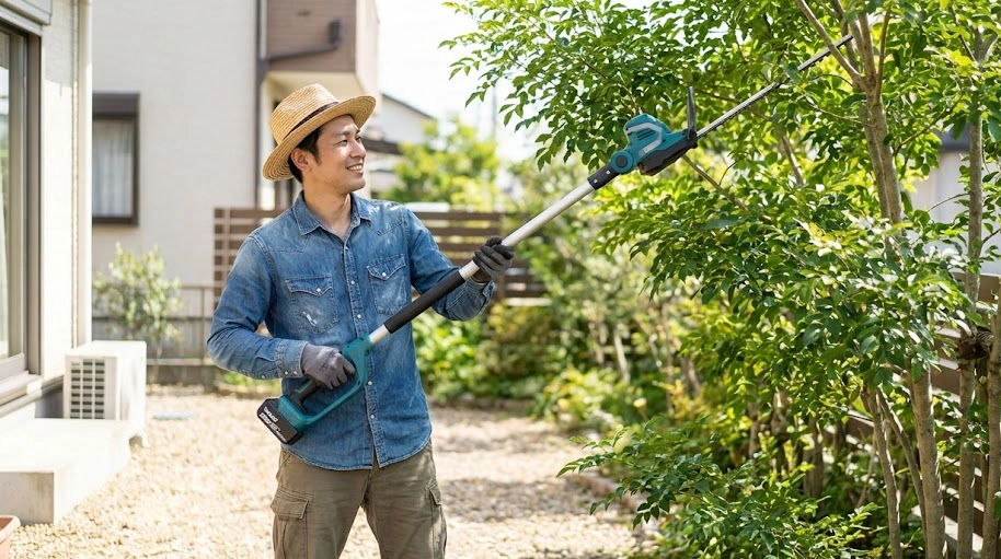 日本の男性が庭で電動式の高枝バリカンを使い、地上から安全にシマトネリコの剪定をしている様子