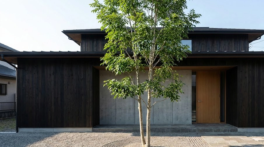 モダンな日本の住宅の前に植えられた、美しく整ったシマトネリコの一本立ち