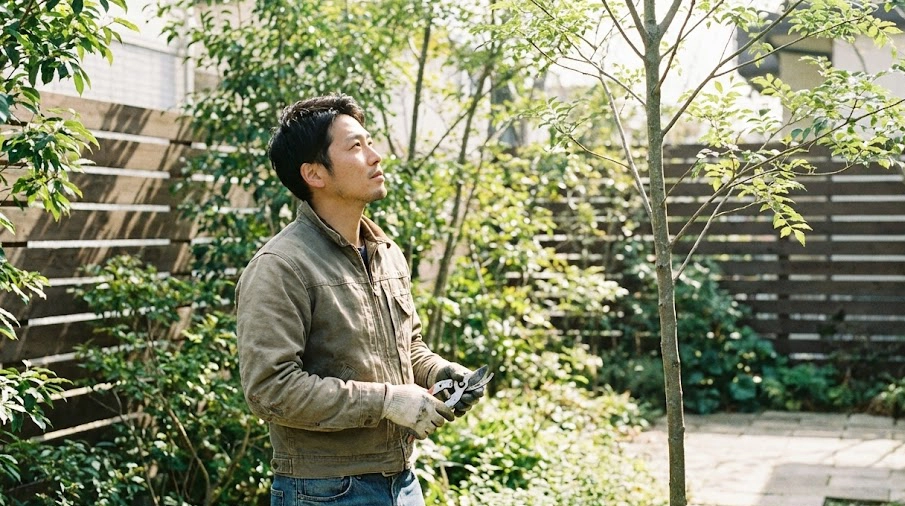 庭でシマトネリコ一本立ちの剪定を計画している日本人の男性