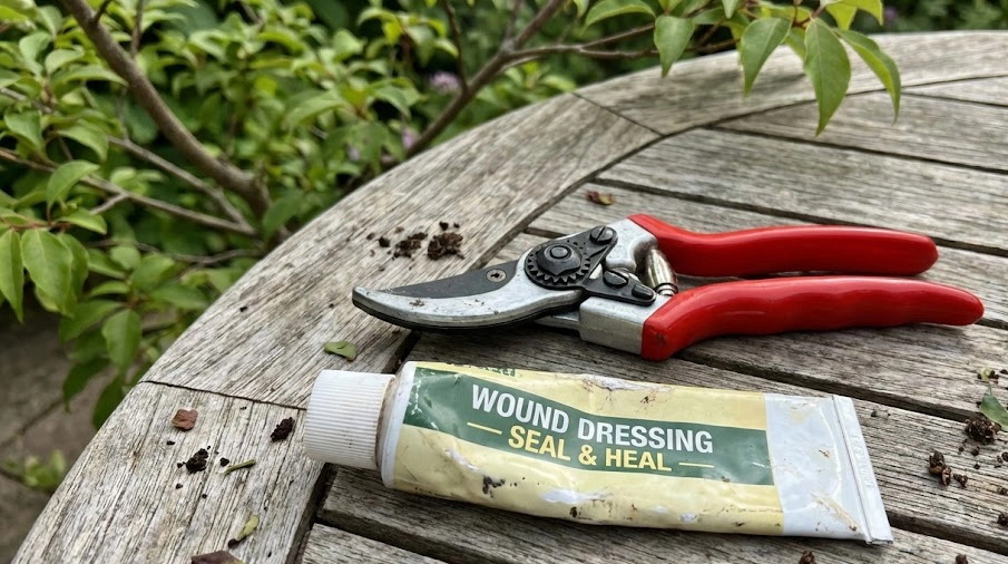 シマトネリコの剪定に使用する清潔なハサミと切り口を守る癒合剤