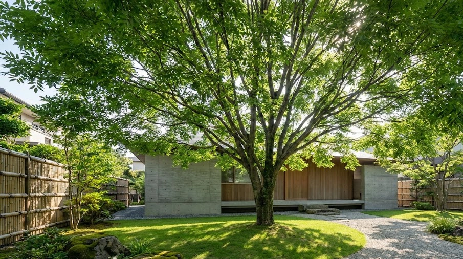 明るい現代的な日本の庭に植えられた、青々と茂るシマトネリコのシンボルツリー