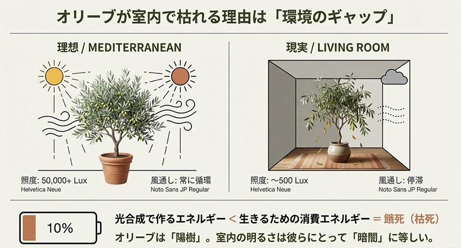 地中海とリビングの環境比較。照度50,000ルクス以上の理想環境に対し、室内は500ルクス程度で餓死の危険があることを示す図解