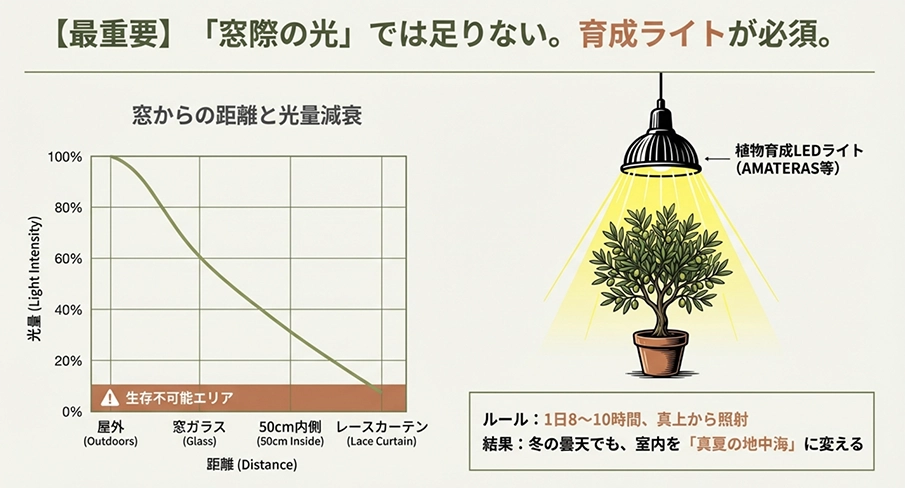 窓からの距離による光量減衰グラフと、植物育成LEDライトを1日8〜10時間照射するルールの説明