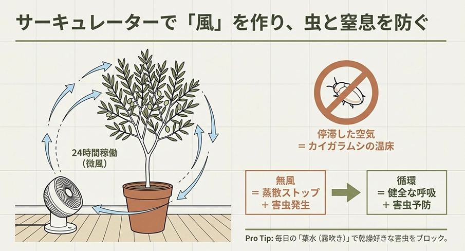 サーキュレーターによる空気循環の図。24時間稼働で健全な呼吸を促し、害虫を予防する方法