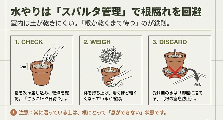 オリーブの水やり3ステップ。指を差し込んで確認、鉢の重さをチェック、受け皿の水を捨てる手順