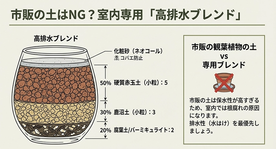 室内オリーブ専用の高排水土ブレンド比率。赤玉土5、鹿沼土3、腐葉土2の割合と化粧砂の活用
