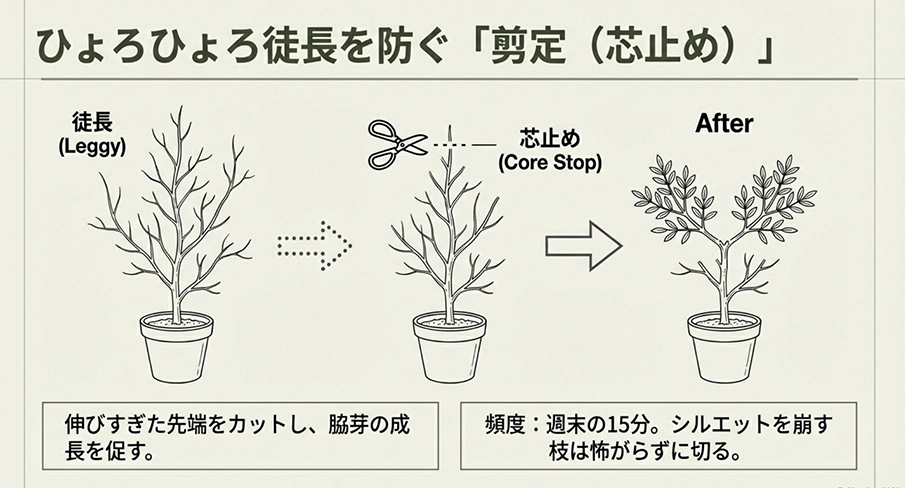 オリーブの芯止め剪定の解説。先端をカットして脇芽の成長を促し、徒長を防ぐ方法