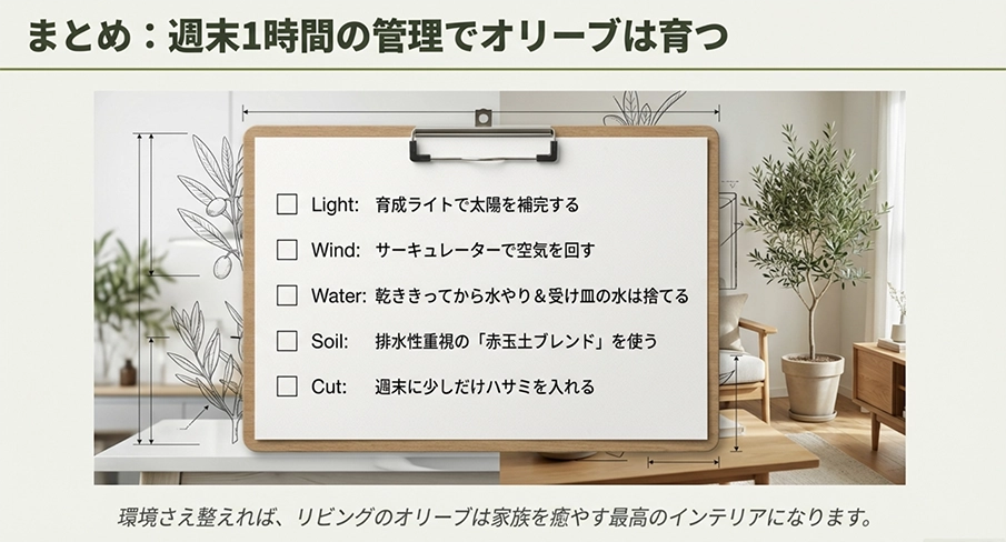 室内オリーブ育成の重要ポイントまとめ。光・風・水・土・剪定の5つのチェックリスト