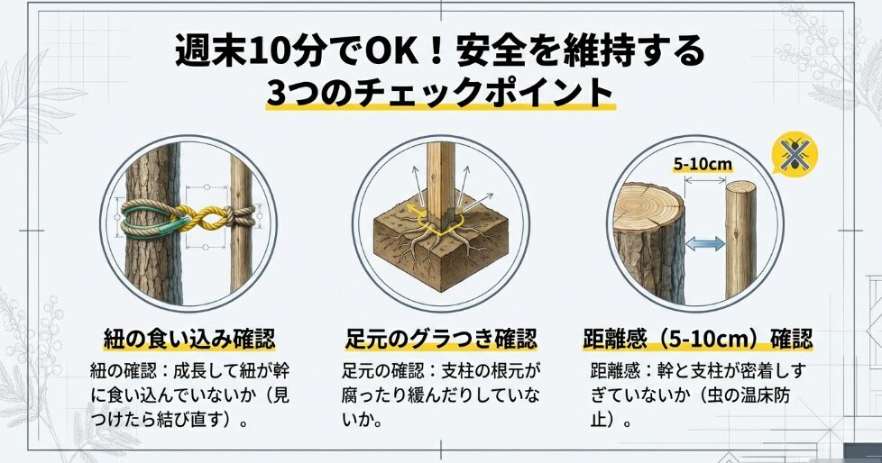 紐の食い込み・足元のグラつき・支柱との適切な距離感を確認する3つのメンテナンスポイント