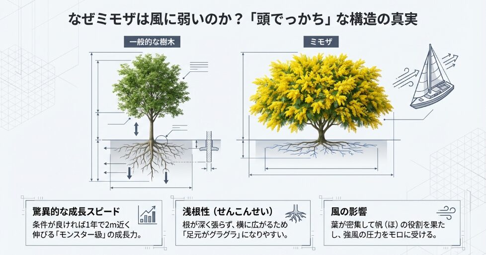一般的な樹木とミモザの成長スピード・根の張り方・風の影響の違いを比較した図解