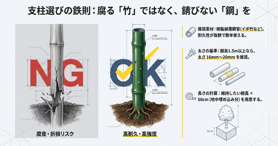 支柱選びの鉄則：腐る竹ではなく、錆びない鋼を