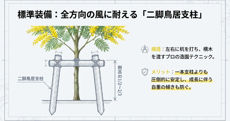 全方向からの風に耐えるプロ仕様の二脚鳥居支柱の構造と安定性のメリット