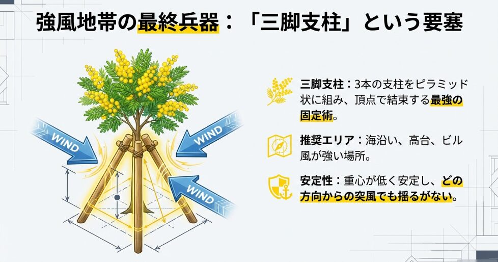 海沿いや強風地帯に最適な三脚支柱のピラミッド構造による最強の固定術