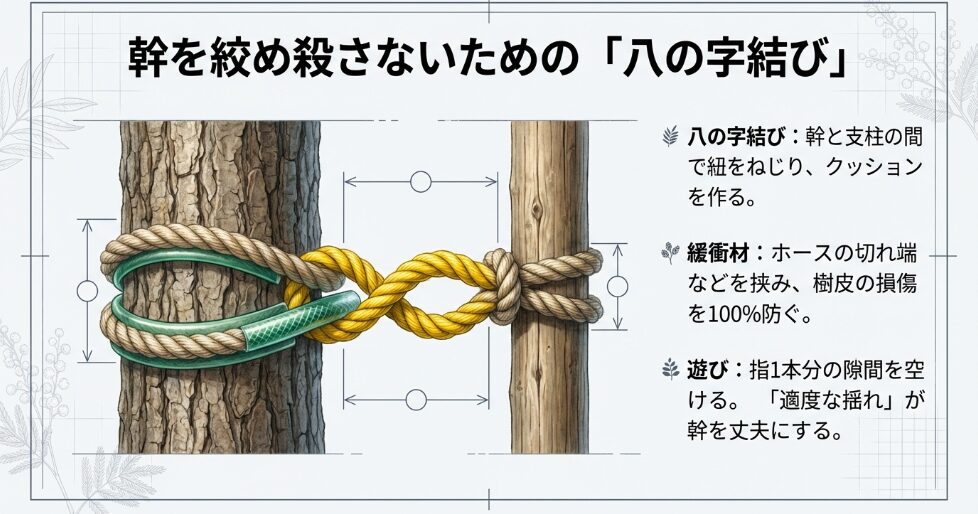 樹皮を保護するホースの緩衝材と幹を締め付けない正しい八の字結びの手順