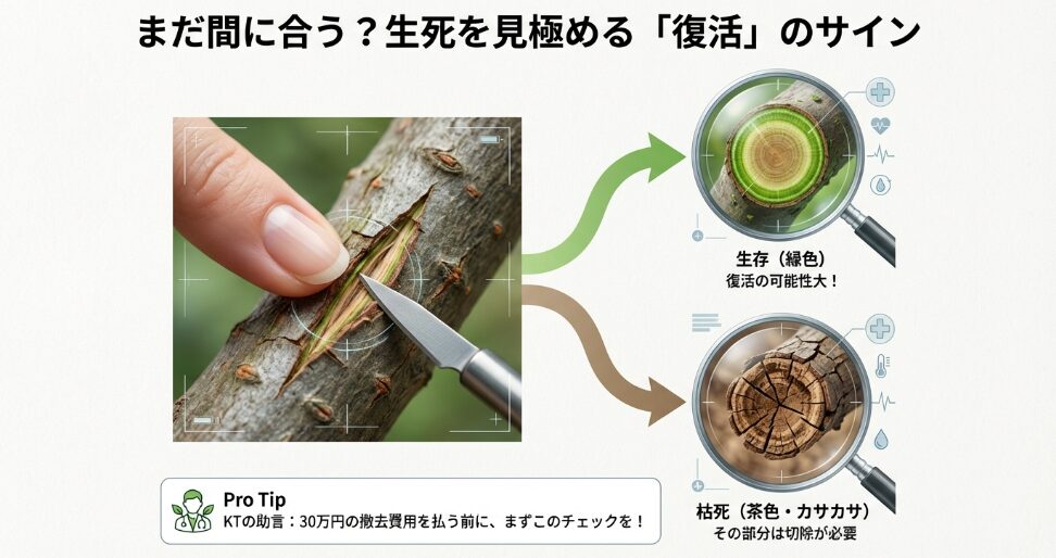 ミモザの生死を見極めるサイン。枝を削って中が緑色なら生存の可能性が高く、茶色くカサカサなら切除が必要。