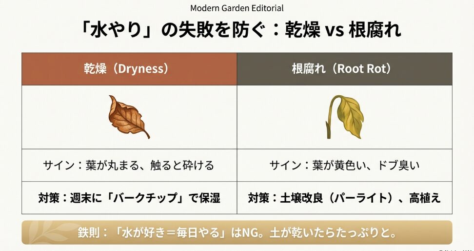 ミモザの水やり失敗を防ぐための比較。乾燥のサイン(葉が砕ける)と根腐れのサイン(葉が黄色い)およびそれぞれの対策。