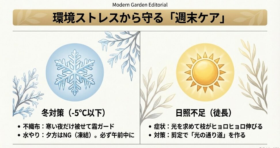 ミモザの環境ストレス対策。不織布による霜ガード、午前中の水やり、および剪定による光の通り道作り。