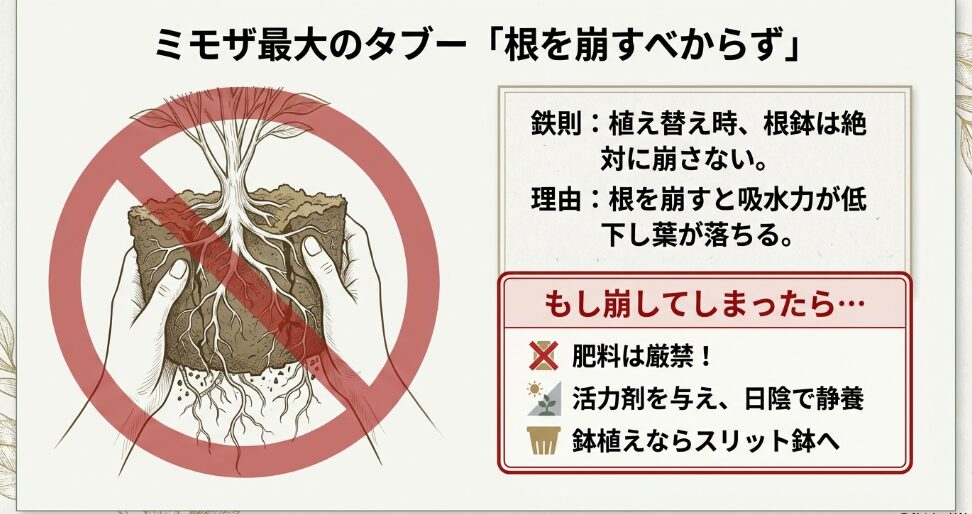 ミモザ植え替え時の最大タブー。根鉢を絶対に崩さない理由と、崩してしまった際の活力剤・日陰静養の重要性。